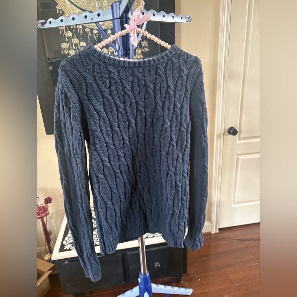 Lands' End Navy Sweater with Red and White Accents